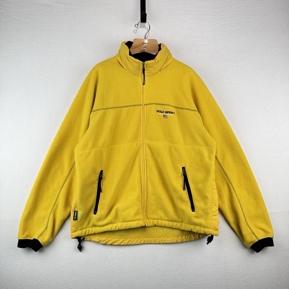 90's Vtg Polo Sport Ralph Lauren Yellow Fleece Full Zip Jacket Mens XL Hood